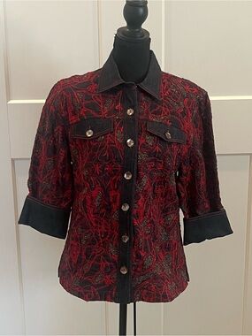 V Christina Embroidered Red and Black Button-Front Denim Jacket Fall Fitted Sz M